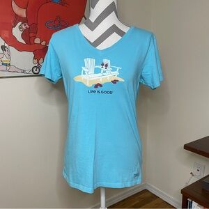 Life is Good Small Baby Blue Wine Beach T-Shirt V Neck Short Sleeve 100% Cotton